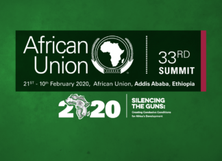 Blue logo underlining 2020 African Union theme, silencing the guns