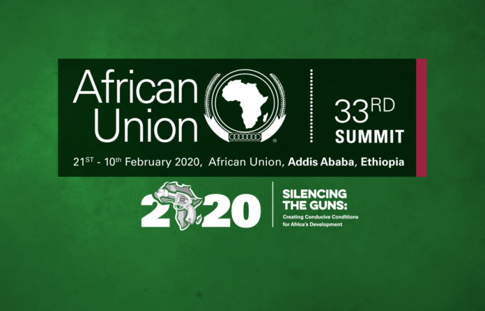 Blue logo underlining 2020 African Union theme, silencing the guns