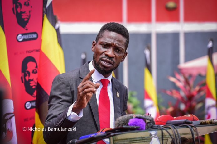 Kyagulanyi party leader of the National unity platform NUP party adresses supporters at party offices in Kamwokya after withdrawal of his election petition citing bias of supreme court judges