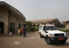 Ambulance parked in the courtyard of a hospital