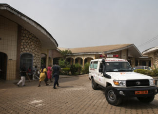 Ambulance parked in the courtyard of a hospital