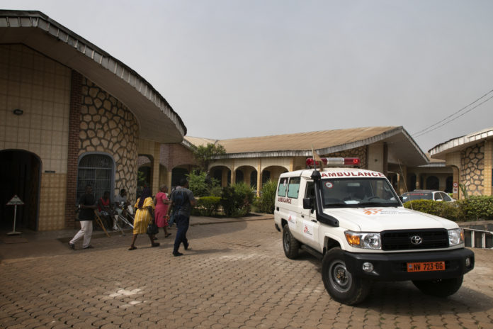 Ambulance parked in the courtyard of a hospital