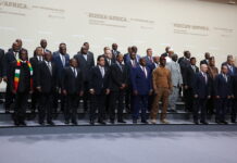 African leaders pose for a photo in St. Petersburg, Russia.