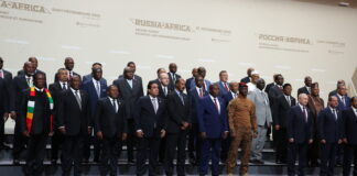 African leaders pose for a photo in St. Petersburg, Russia.