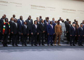 African leaders pose for a photo in St. Petersburg, Russia.