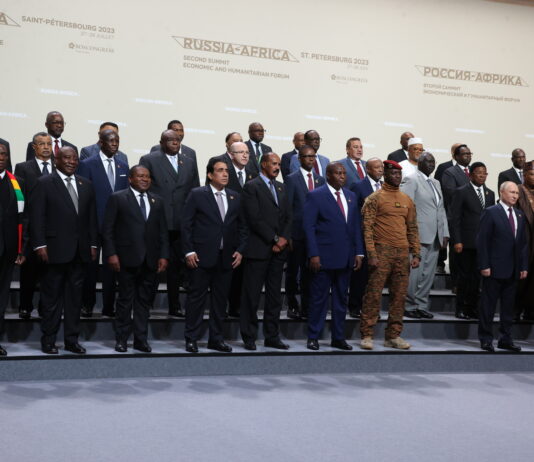 African leaders pose for a photo in St. Petersburg, Russia.