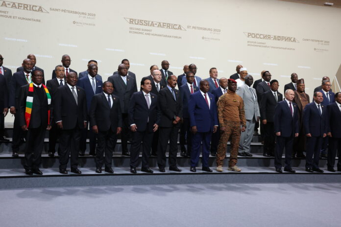 African leaders pose for a photo in St. Petersburg, Russia.