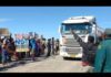 Protestors at a mine at the settlement of Uis in Namibia's Erongo region