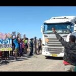 Protestors at a mine at the settlement of Uis in Namibia's Erongo region