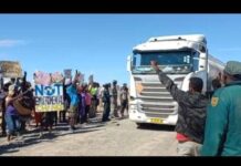 Protestors at a mine at the settlement of Uis in Namibia's Erongo region