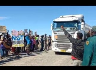 Protestors at a mine at the settlement of Uis in Namibia's Erongo region