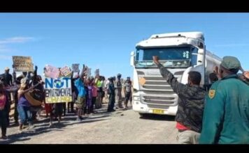 Protestors at a mine at the settlement of Uis in Namibia's Erongo region