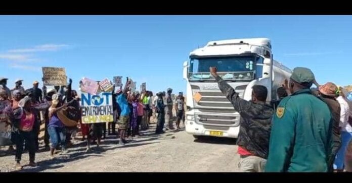 Protestors at a mine at the settlement of Uis in Namibia's Erongo region